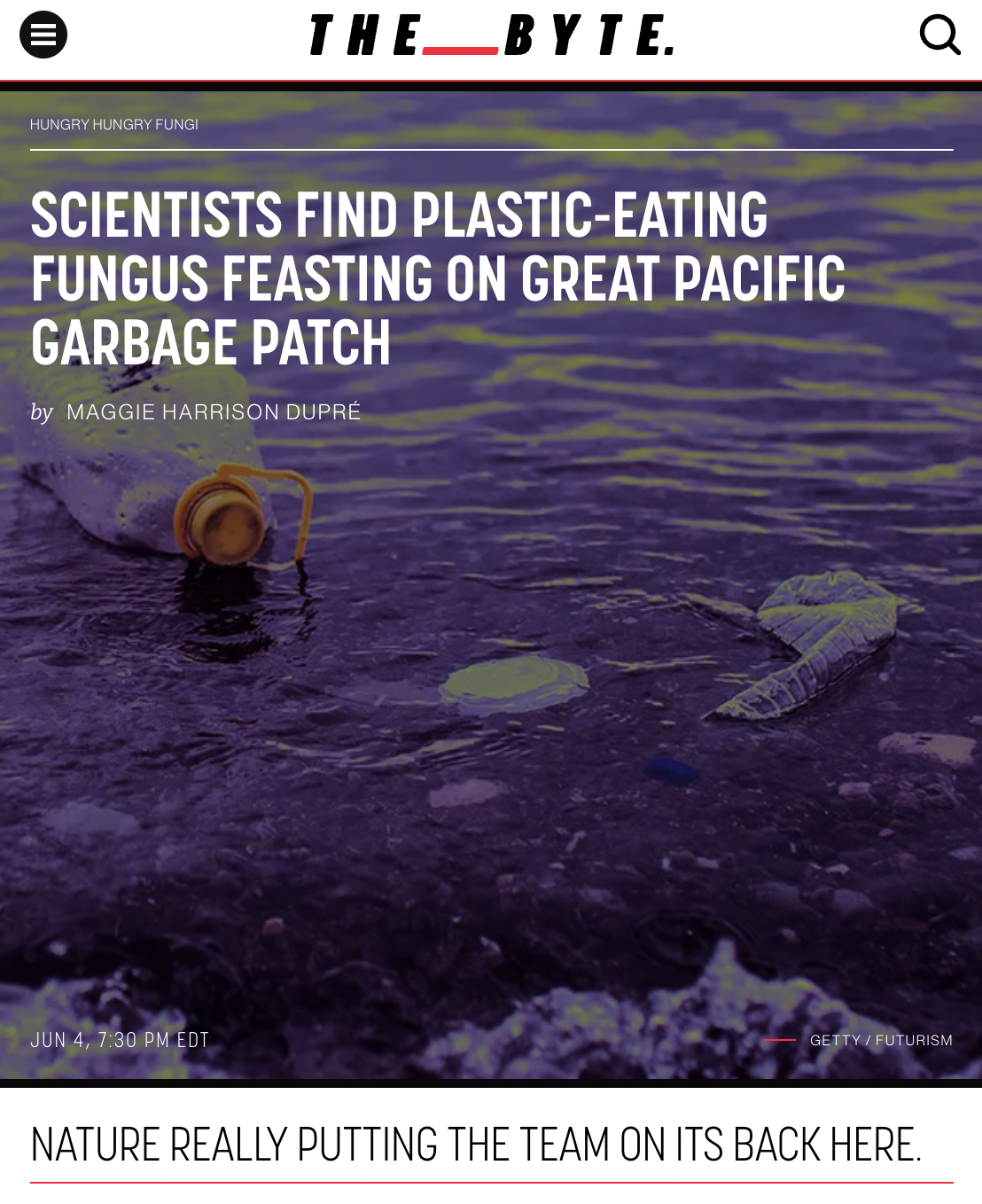 screenshot - Hungry Hungri Fundi The Byte. Scientists Find PlasticEating Fungus Feasting On Great Pacific Garbage Patch by Maggie Harrison Dupre Jun 4, Edt DetyFuturism Nature Really Putting The Team On Its Back Here.